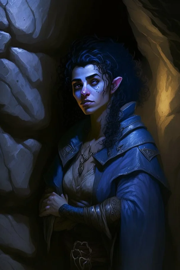 Dnd character in a dark cave. Leaning against a wall. A female Moonelf twilight cleric with super curly, super short, dark blue hair and golden eyes, wearing gray and dark blue robes. With tattoos. Muscular, broad.