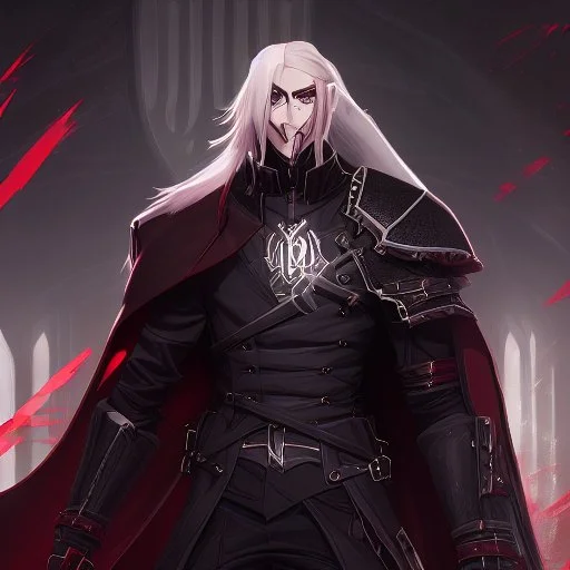 Vampire knight, young man, handsome, long white hair, black full plate armor, red cape