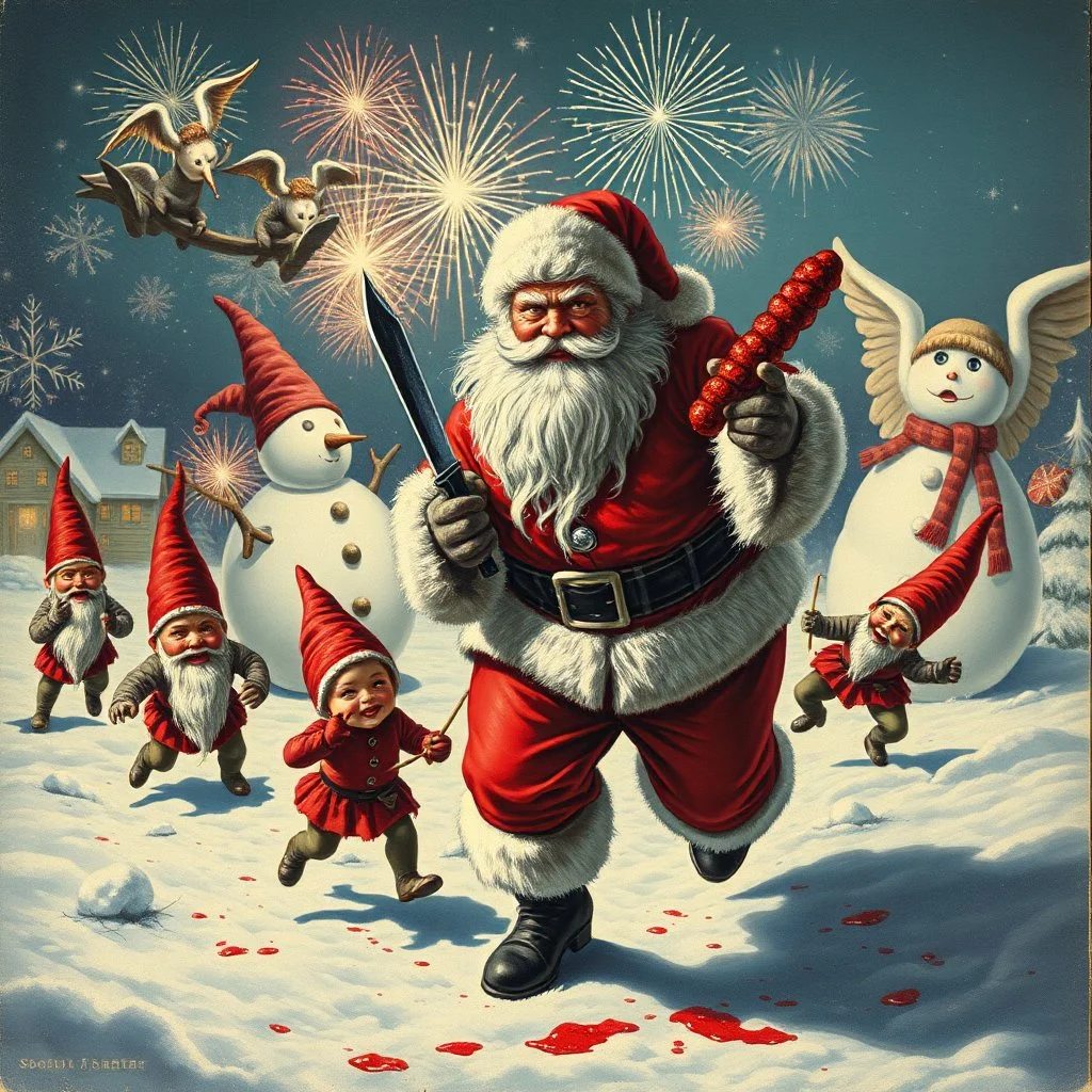 there is no kebabs at christmas, evil Santa, evil gnomes running around, staring flaming eyes, evil Rudolf, very big evil angry Frosty the snowman in background, kebabs and kebab, 1940 christmas postcard, blood stains, Flying angel Cherubs, Santa holding a knife, fireworks