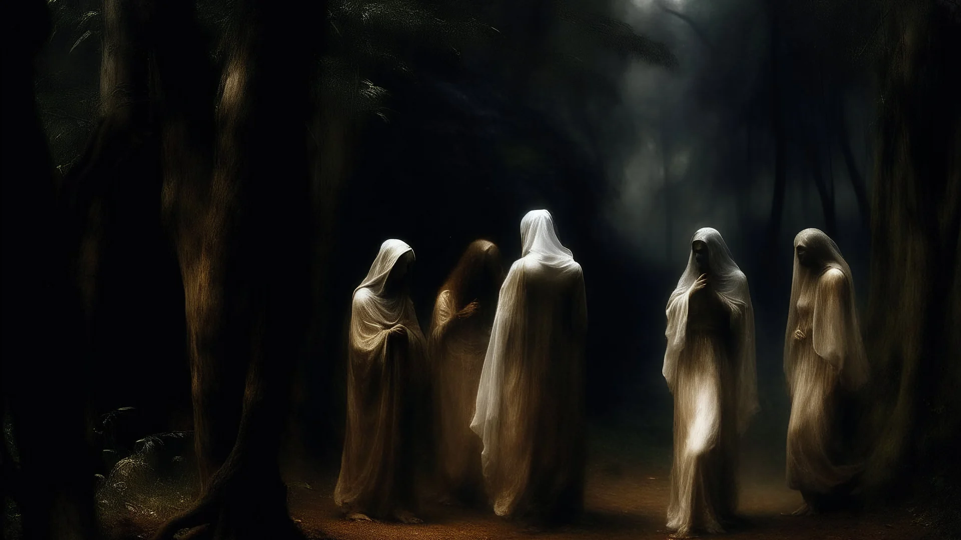 A group of ghostly figures in long white robes walking through a dark, hazy forest landscape