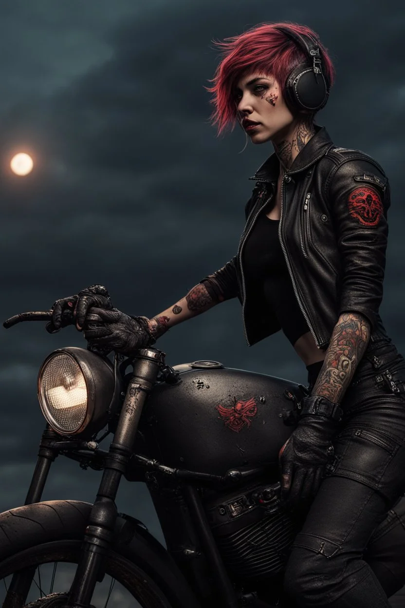 scarred cyberpunk vampire girl with tribal tattoos short cropped cyberpunk hair riding a black cafe racer motorcycle in a post apocalyptic wasteland at 3 am