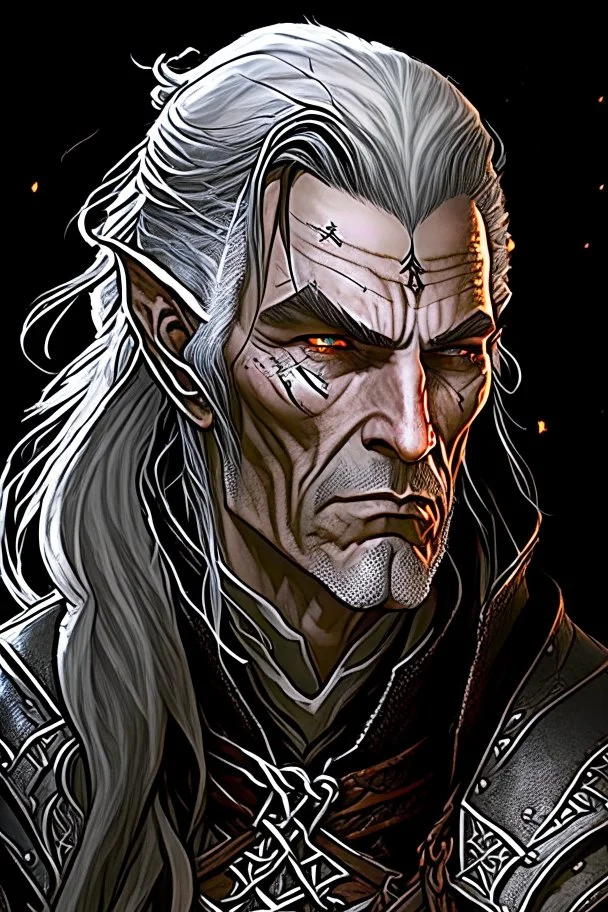 ancient grizzled, gnarled elf mage, he has long, grey hair streaked with black, highly detailed facial features, and sharp cheekbones. His eyes are black. He wears weathered medieval leather clothes. he is lean and tall, with pale skin, full body with thigh high leather boots and has a dark malevolent aura in the comic book style of Bill Sienkiewicz and Jean Giraud Moebius in ink wash and watercolor