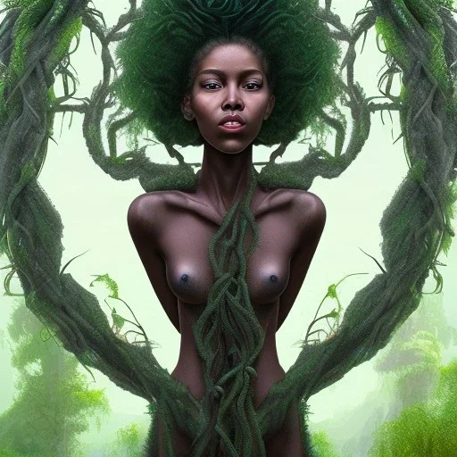 Painting .the face of A young black woman. A wood nymph emerging from the forest. Her hair looks like vines. Dreadlocs. Her skin is the colour of dark soil. Her skin looks like tree bark. Her clothing is made of vines, grass and leaves.