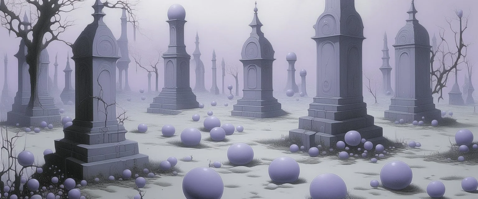 A pale grayish purple graveyard with floating orbs painted by the Limbourg brothers