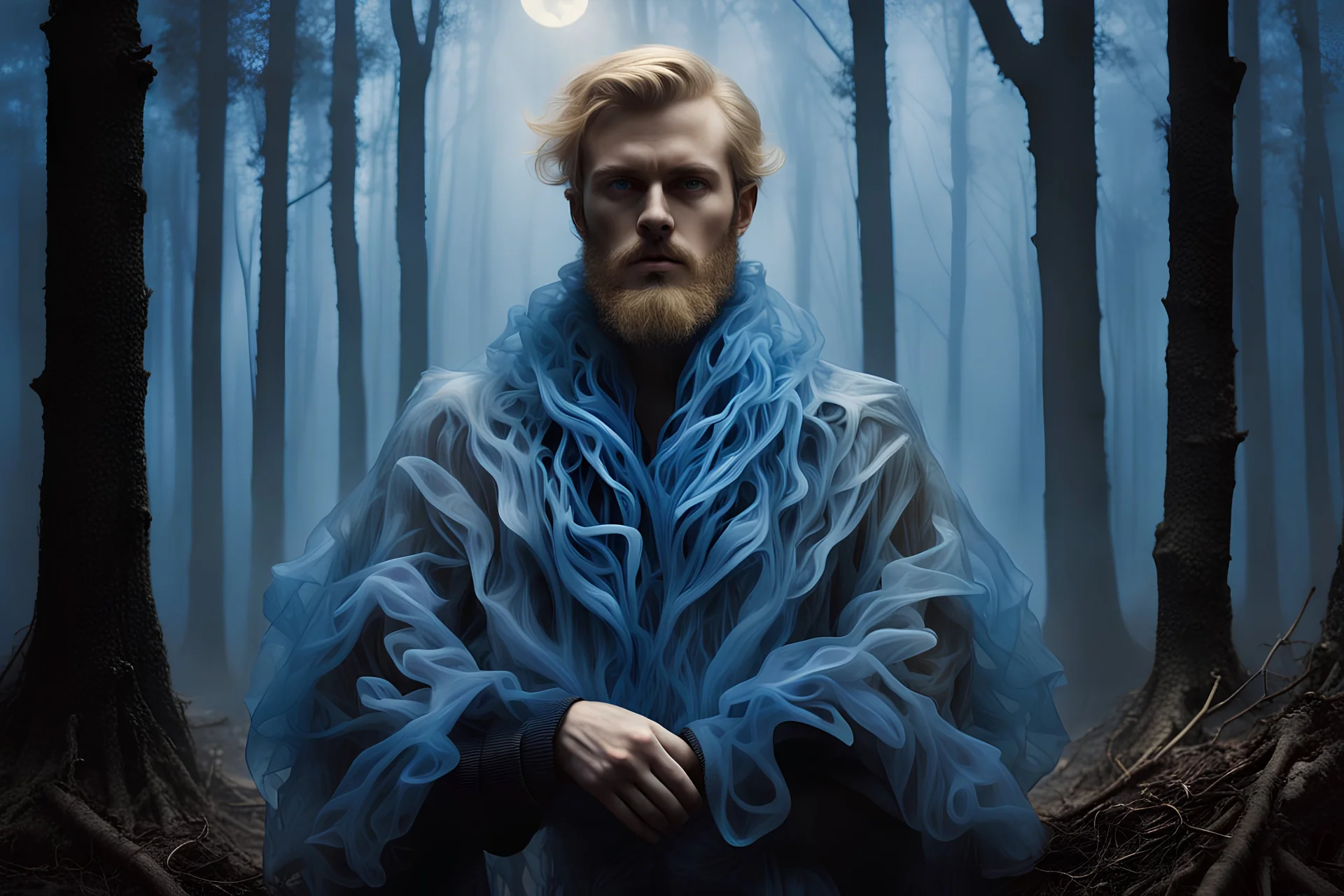 a Brad Kunkle portrait of a handsome blonde beard guy, full body, with felt period multi-layered Iris Van Harpen 3D printed organza shapes coat, scarf, sits in misty forest nest, detail face. blue moon light. 80's Dark fantsy Movie Poster by Mario Bava