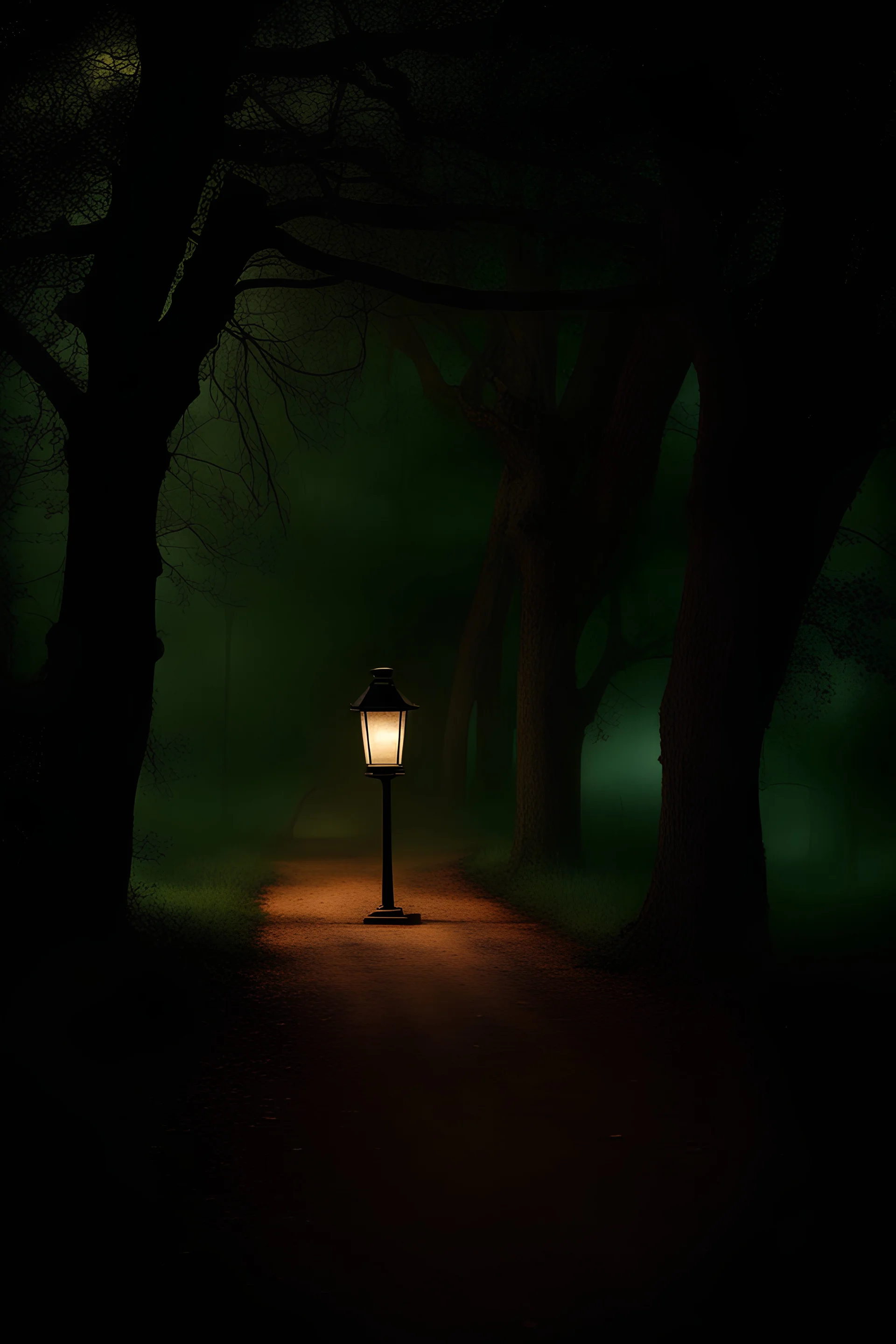 Night, lantern, square bench, dirt roads, trees, gothic horror films influence, creepy, photography