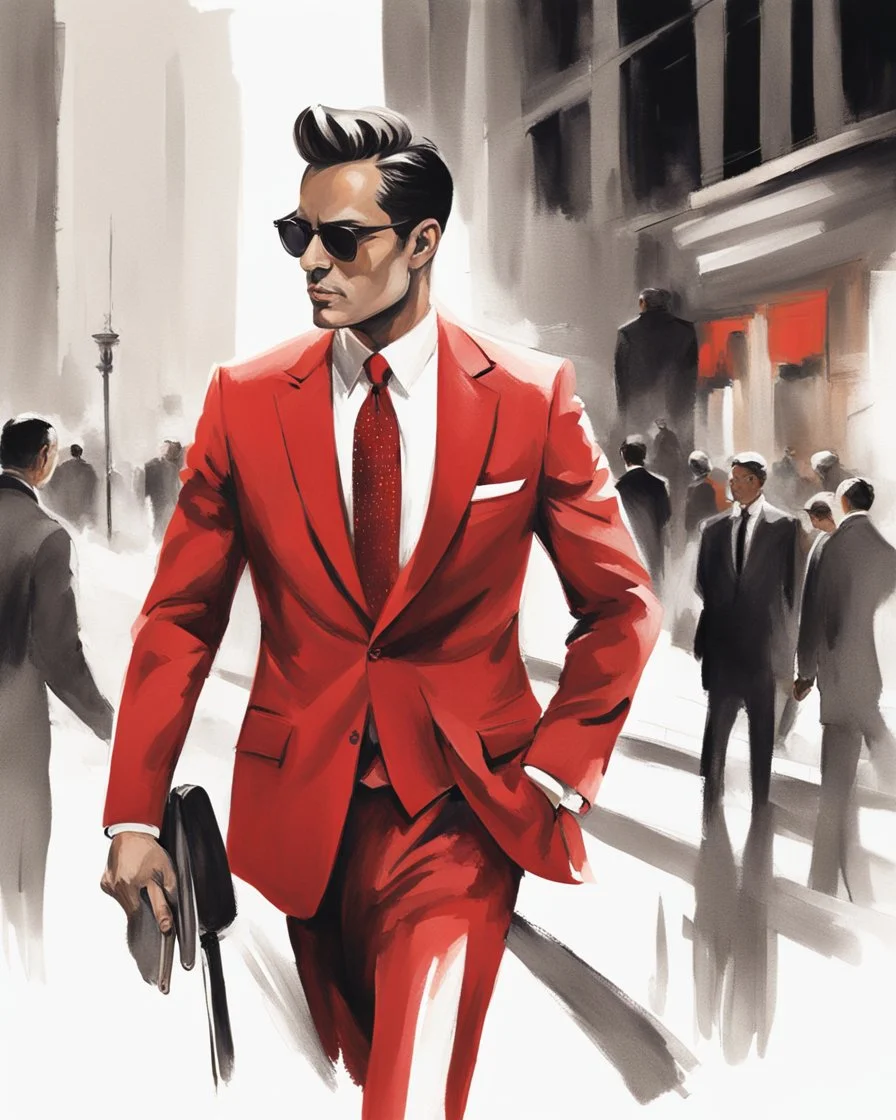 Create a compelling image featuring a man in a red suit with a dapper expression against a white background. Specify a hand-drawn style with bold strokes, emphasizing the meaning of the subject. Ensure the composition captures the essence of elegant expression, creating a visually striking and impactful scene through the use of hand-drawn strokes.