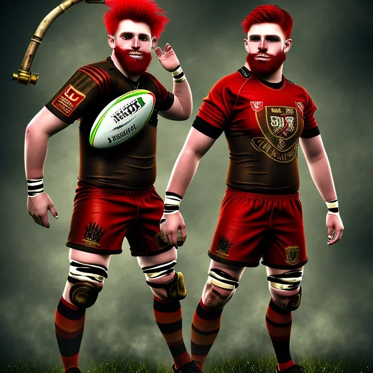 Joueur de rugby steampunk, cheveux roux, crête punk, masque à gaz, maillot noirs numéro 13