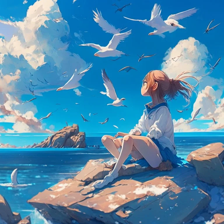 A girl is sitting on the edge of the rocks by the seashore and is meditating. The sky is blue with beautiful clouds and seagulls flying, digital art, anime, 4k, full details