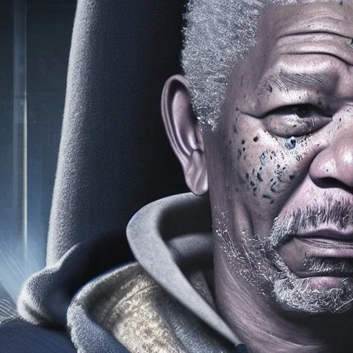 Morgan Freeman sad and crying in hoodie cyberpunk very detailed cinematic unreal engine photo realistic