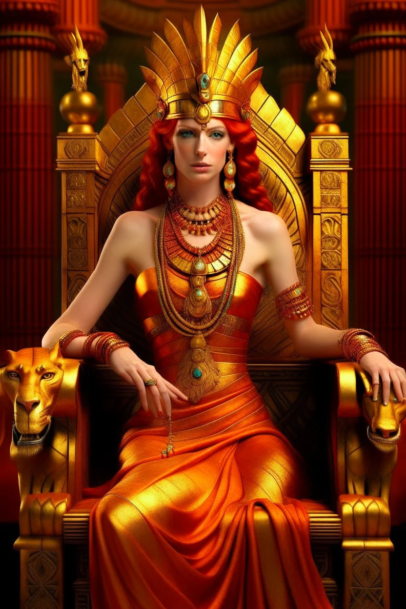 A mature Egyptian goddess with red hair and amber eyes, wearing a red silk gown and a necklace of scarabs. She is sitting on a throne made of gold, carved with the head of a wise and ancient dragon