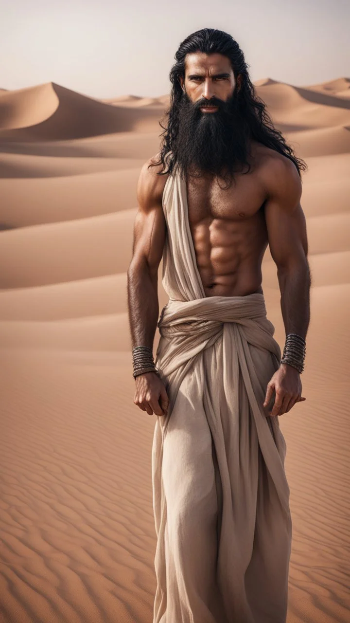 An Arab man in the desert, tall and strong, with long black hair and a thick beard. A long face, a large nose, a thick face, and sharp black eyes. A solid and muscular body with a strong build.