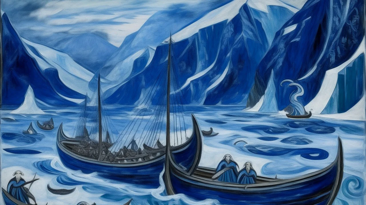 An indigo icy fjord with Viking ships designed in Scandinavian folk art painted by Edvard Munch