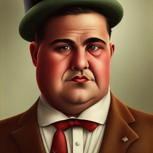 A 1930s Italian-American businessman in his 20s with a bowler hat and a tattered suit. He is obese and has a sad expression on his face. He is facing the screen.