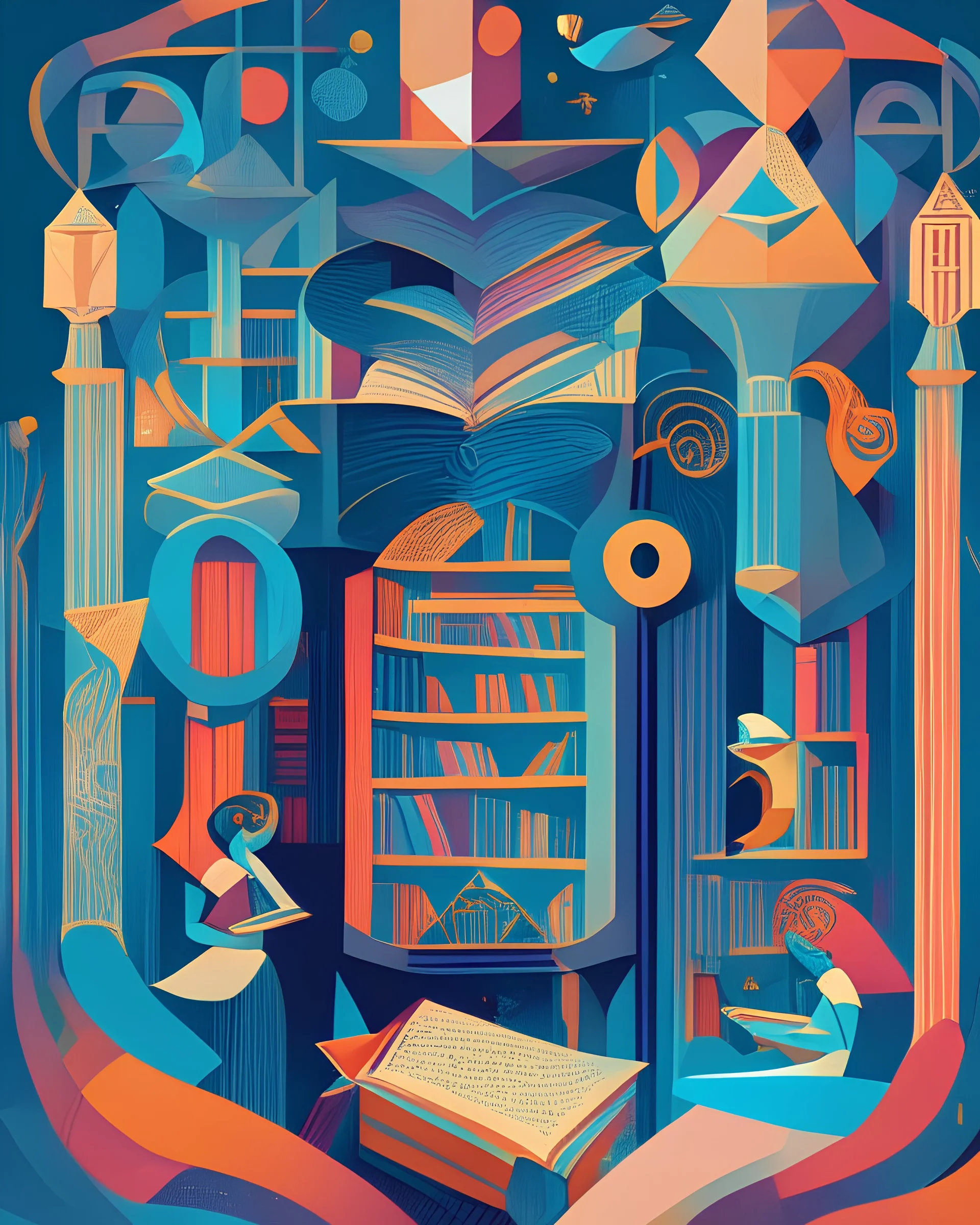 A whimsical illustration of a magical library filled with ancient tomes, floating books, and curious creatures seeking knowledge, in the style of Art Deco, geometric shapes, bold color palettes, and stylized forms, 9K resolution, inspired by the works of Erte and Tamara de Lempicka, celebrating the power of imagination and the pursuit of wisdom.