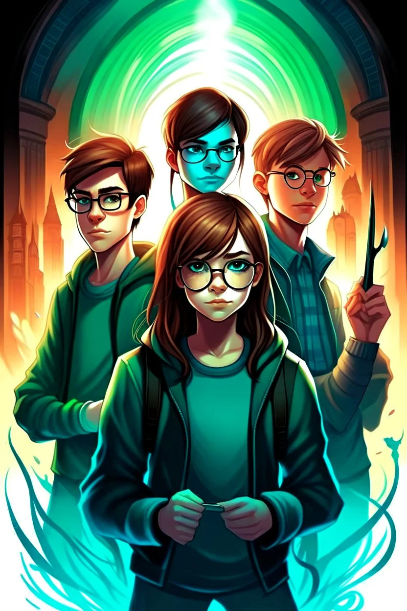 Design a book cover for fantasy criminal story. Three teenage-detectives in the centre. One girl and two boys. Book is for teenagers