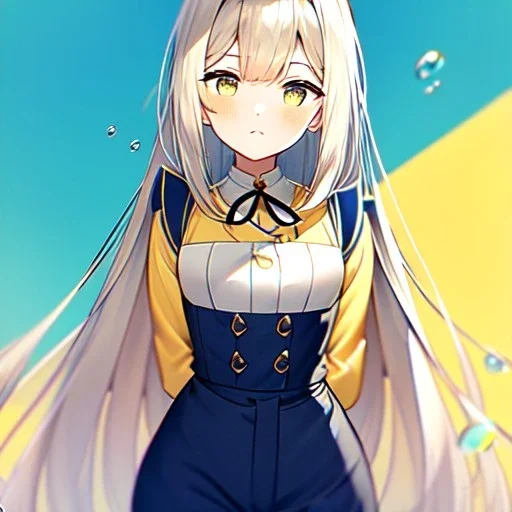 portrait anime maid, long hair, hyper detailed, intricately detailed, looking at viewer, arms behind back pose, blue short pants, yellow blouse with a knot on the bottom, lemon background, air bubbles, summer vibe, close up shot, ambiguous lines image, flat dimensional style, flat lines, rough drawing --ar 2:3
