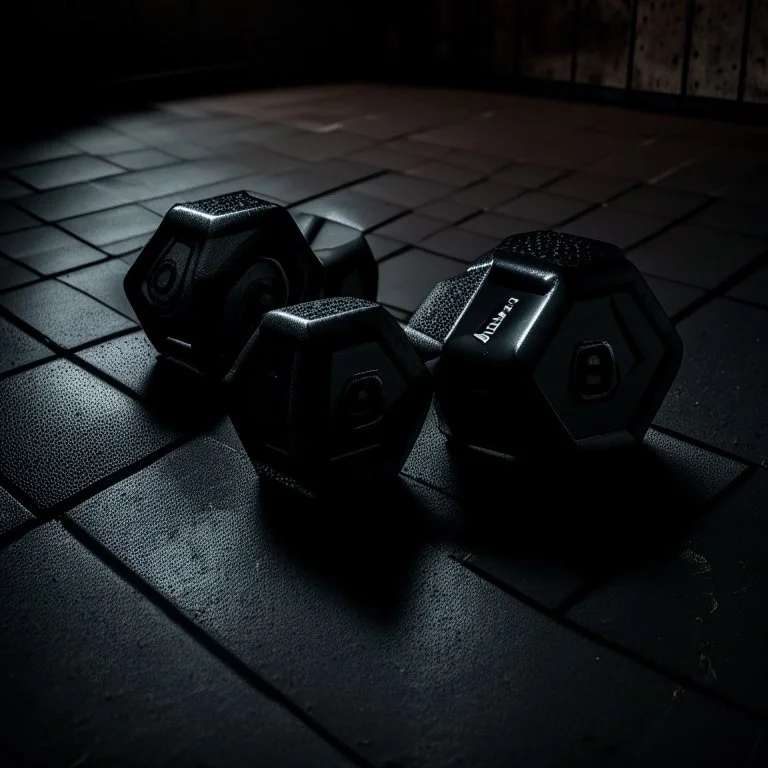 Hexagon dumbbells pair of two, each 12.5KG. Inside a dark and moody gym on the black rubber tile floor. Bird perspective on the dumbbells laying on the floor.