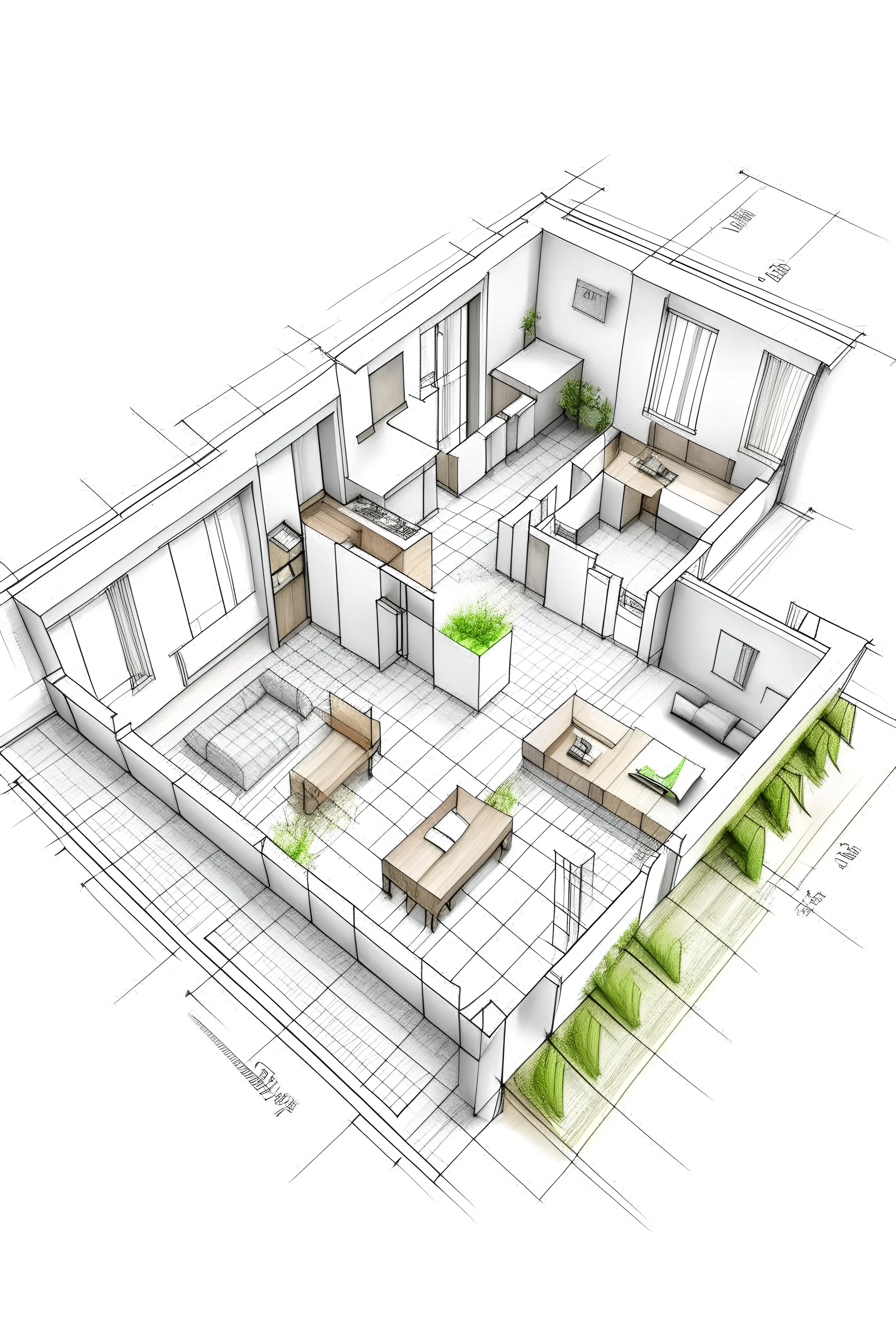 1 Plano con medidas específicas de una casa con tres habitaciones, cocina , comedor , living, patio y garage hecho a lapiz