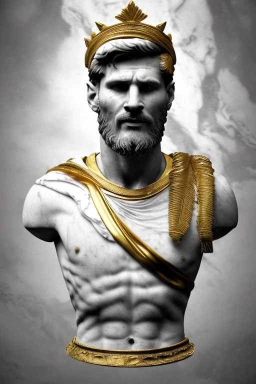 Realistic image, Roman sculpture made in white marble with gold veins, Lionel messi with gold laurel leaves crown, two blue brushes, decorative star on the chest, waist up portrait, marble material, gold ornaments, Baroque style, sun rays background, epic, celestial, cinematic lighting, God lights, 4k resolution, smooth details, soft lighting, unreal engine 5, art station, substance 3d.