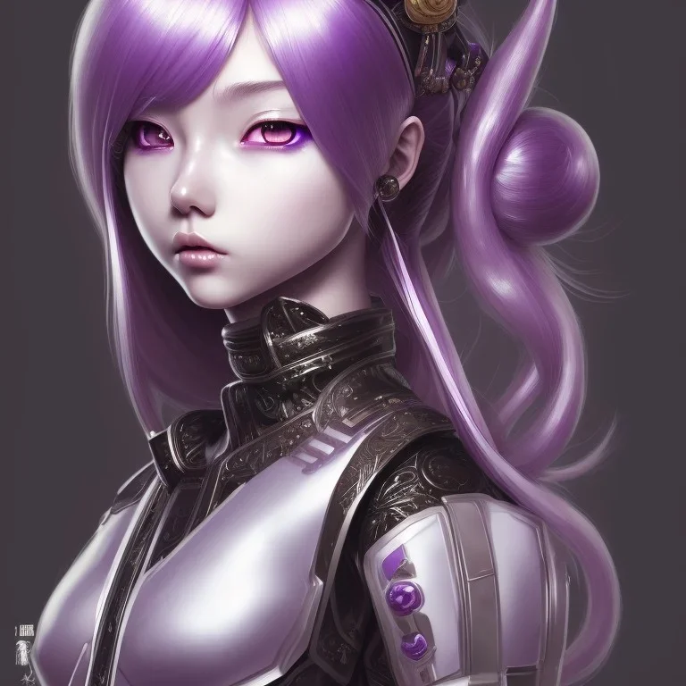 Detailed cute anime Kunoichi girl, purple hair buns, purple bangs, black latex bodysuit, intricate details, full body portrait, keep head in frame, slight smile, black Japanese motif, concept art, highly detailed, digital painting, concept art, sharp focus, illustration, art by Yoji Shinkawa, WLOP and greg rutkowski and alphonse mucha and artgerm and yanjun Chen and Junji ito and Makoto Shinkai, HDR, octane render