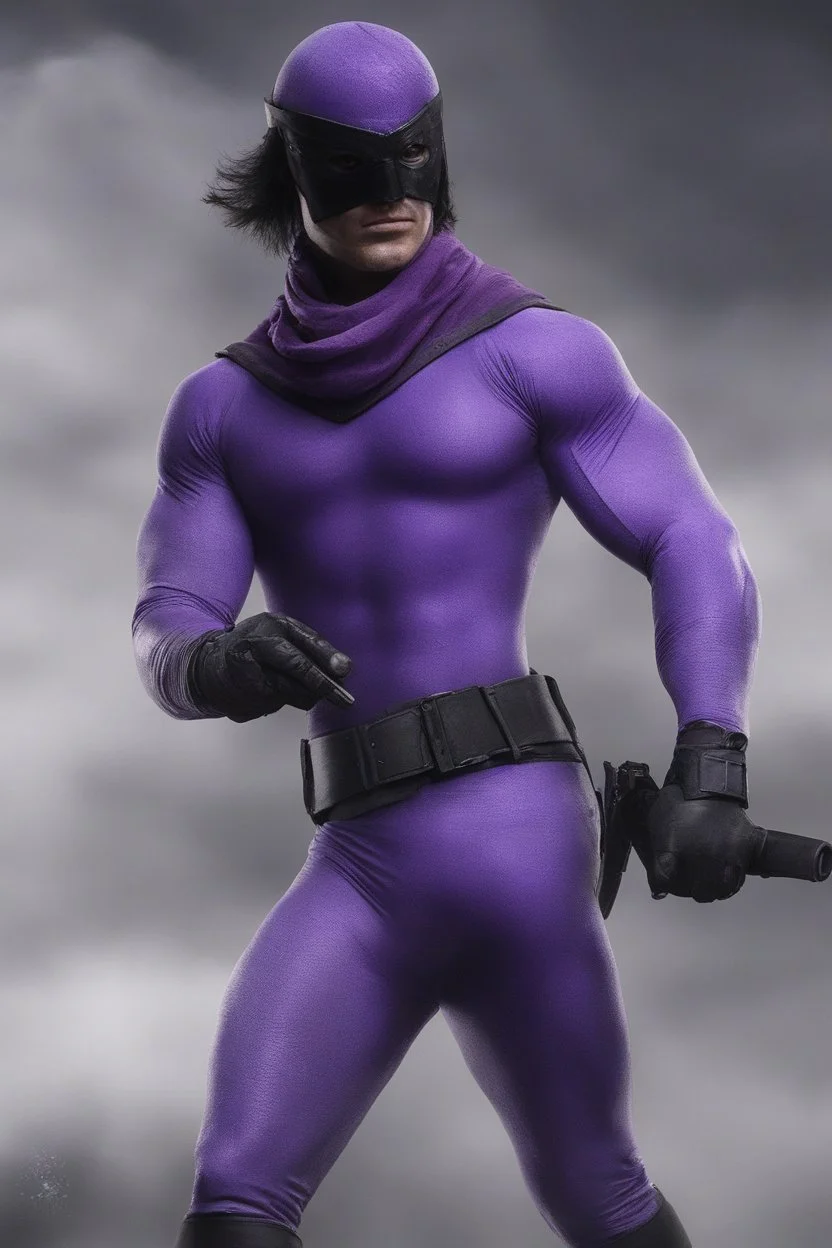 Kent Walker aka THE PHANTOM, Strong, athletic physique, action poses, wearing a skin-tight, formfitting purple bodysuit with a skin-tight, formfitting purple cowl, black eye disguise, black utility belt and double holstered pistol belt, black knee-high boots, glowing white eyes, battle scars, blood, ((foggy, cloudy background, multicolored lightning, flowing lava, Full Eclipse, aliens, explosions, bright, vibrant, extremely colorful, detailed, blood red skies))