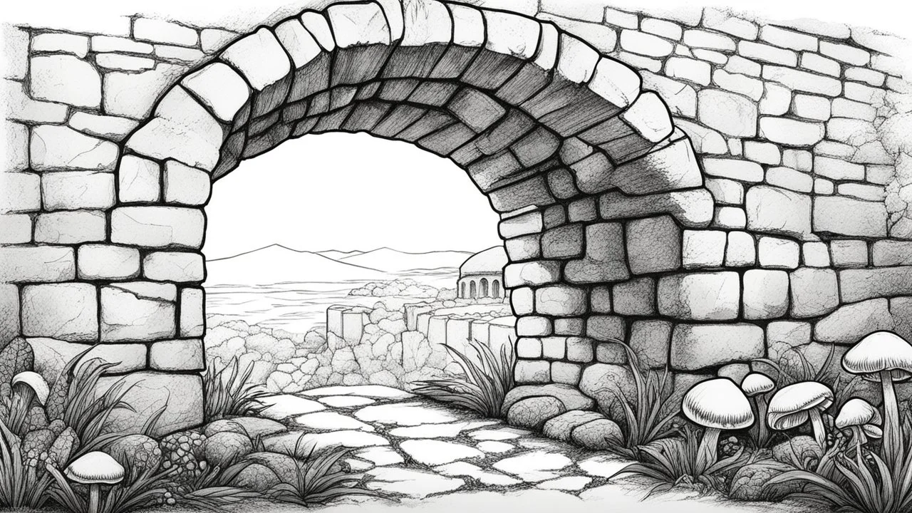Ground-level outline sketch of a mushroom with octopus tentacles with a crumbling stone wall and an arch behind