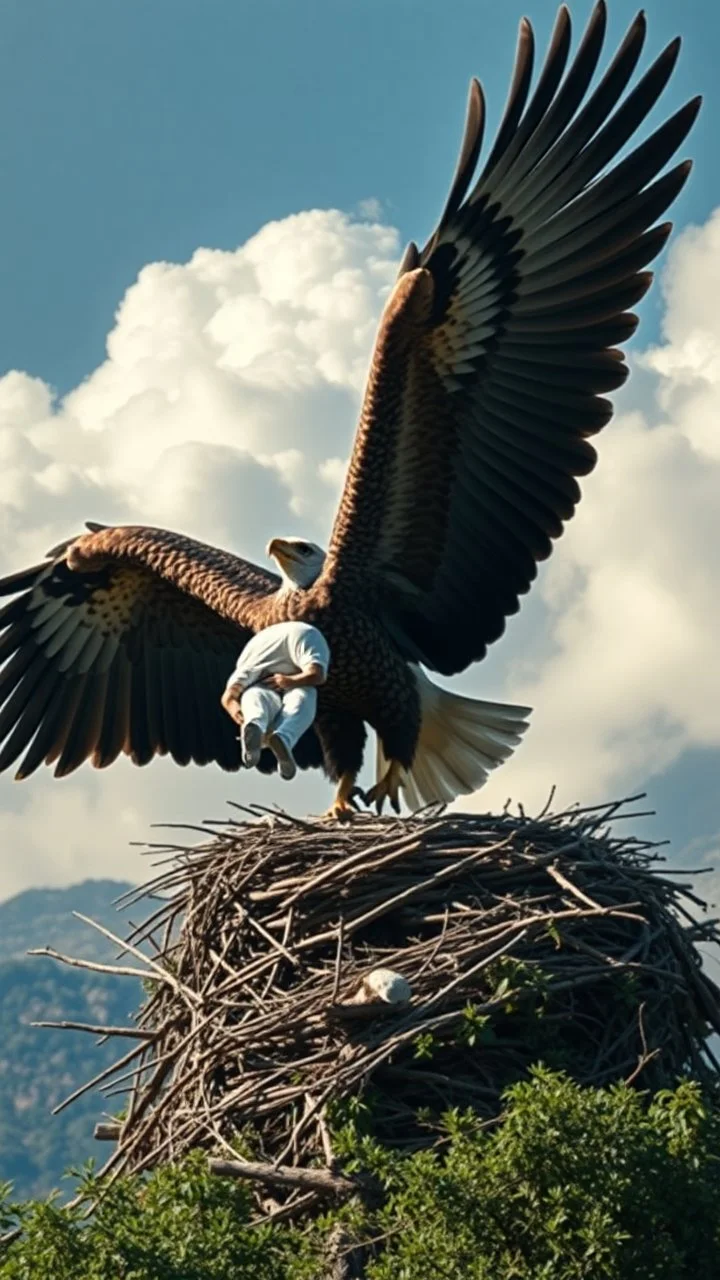 A huge eagle carrying a human and hovering over a nest