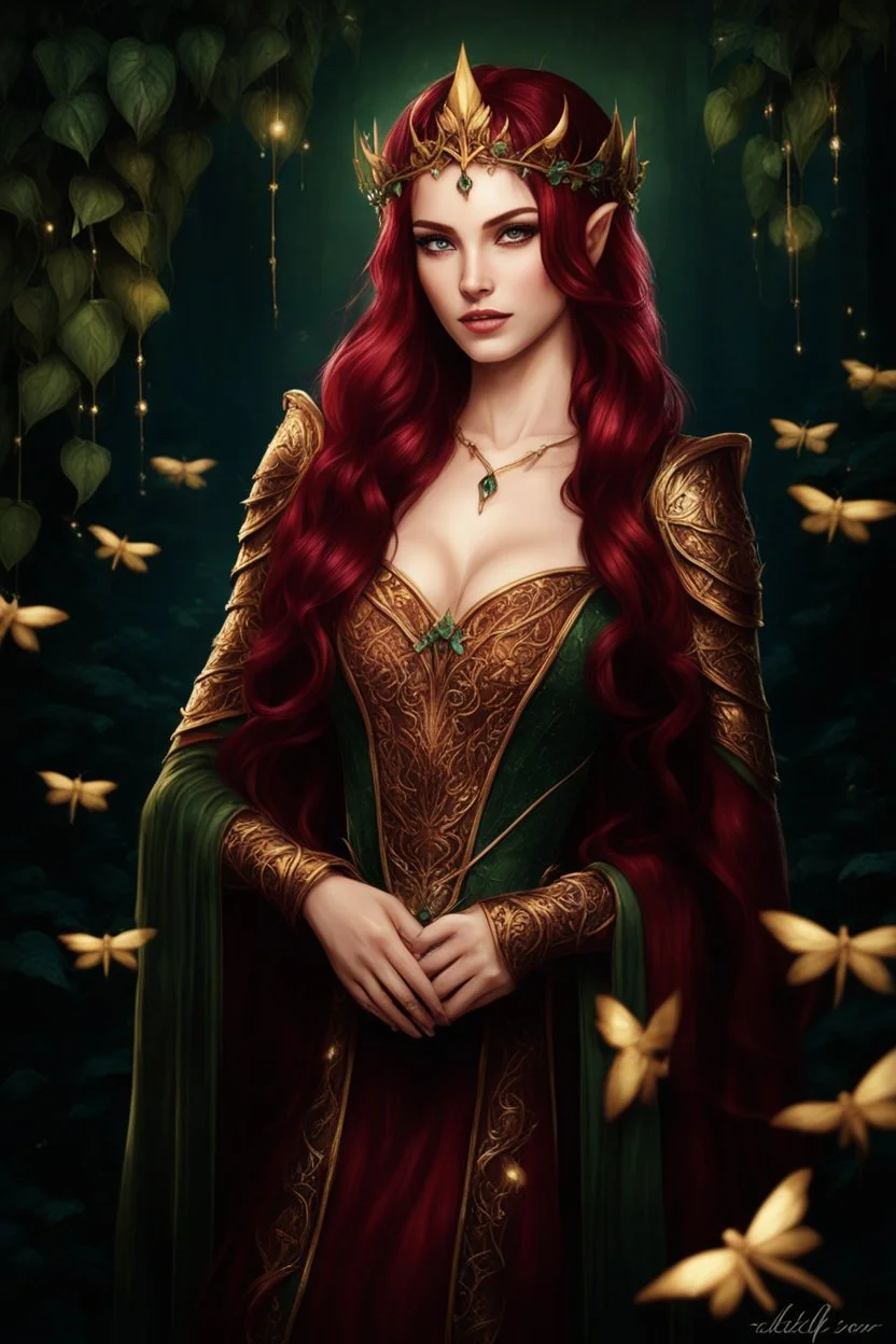 Elven ears,Bhair, dark hair,dark red , rapunzel hair,very long hair,dark fairy princess,elven crown,night,dragonflies,beautiful,ong ashes,golden armor ,sparkle,night blooming,ivy,dark green,lilly of valley,golden elven crown,elven warrior,dark gold armor,extremely long hair