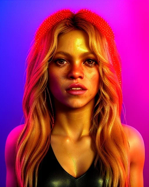 portrait, Shakira, blonde artist, Realistic image, drinking a strawberry milkshake, gold line make-up, sweat, fog, goddess style, Neon colors, leds. Black background, photo studio, concept art, smooth, unreal engine 5, god lights, ray tracing, RTX, lumen lighting, ultra detail, volumetric lighting, 3d, finely drawn, high definition, 4k.