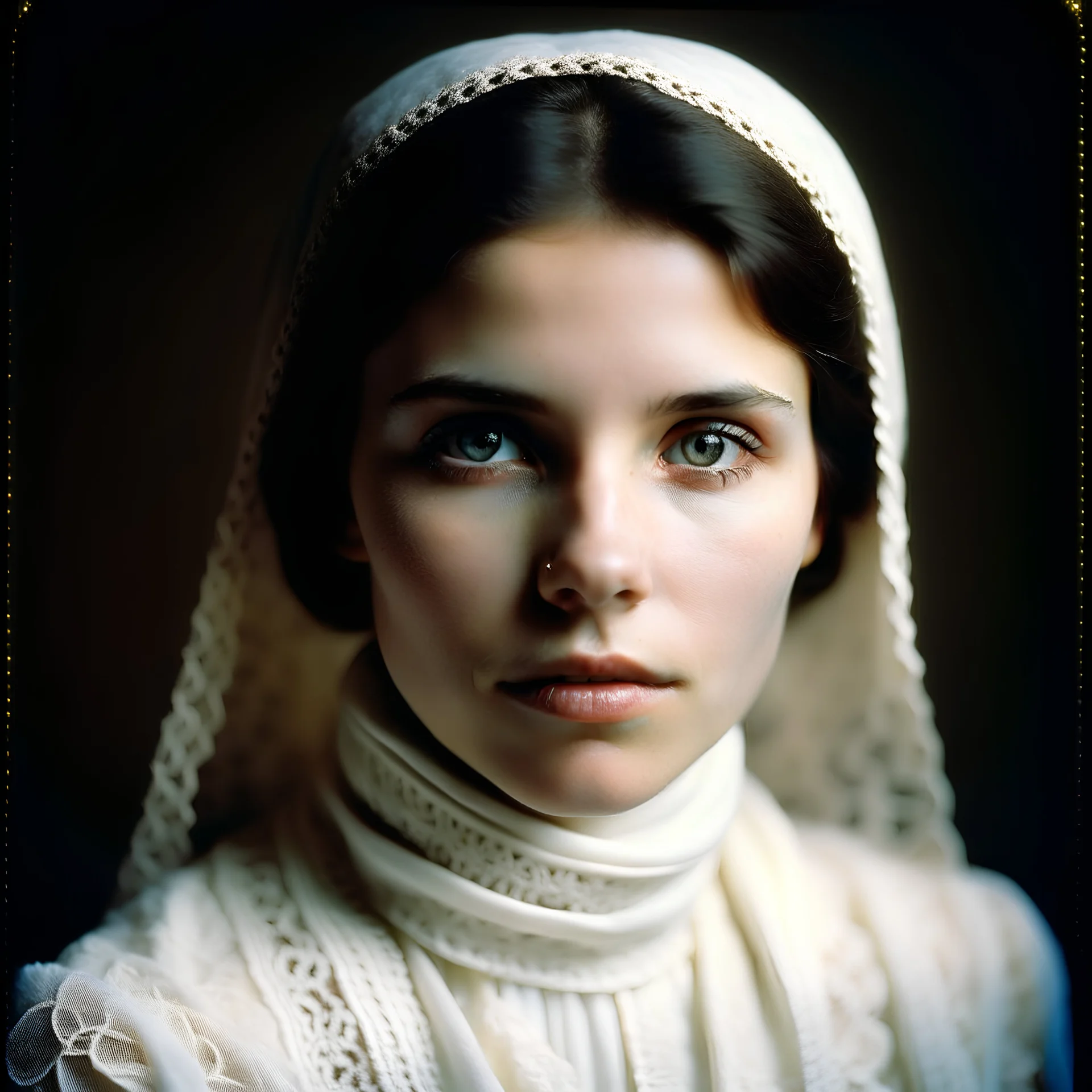 a color portrait of a beautiful woman with dark hair, mysterious brown eyes and a pale complexion, she looks at the camera a little off center, she wears a white lace scarf placed carefully across her head and it falls gently down to her shoulders, she is dressed in a high necked long sleeved white dress, with rows of tiny lace covered buttons, f8 150 Sonnar lens on a Hasselblad 500 CM, the lighting falls perfectly across her face --style raw