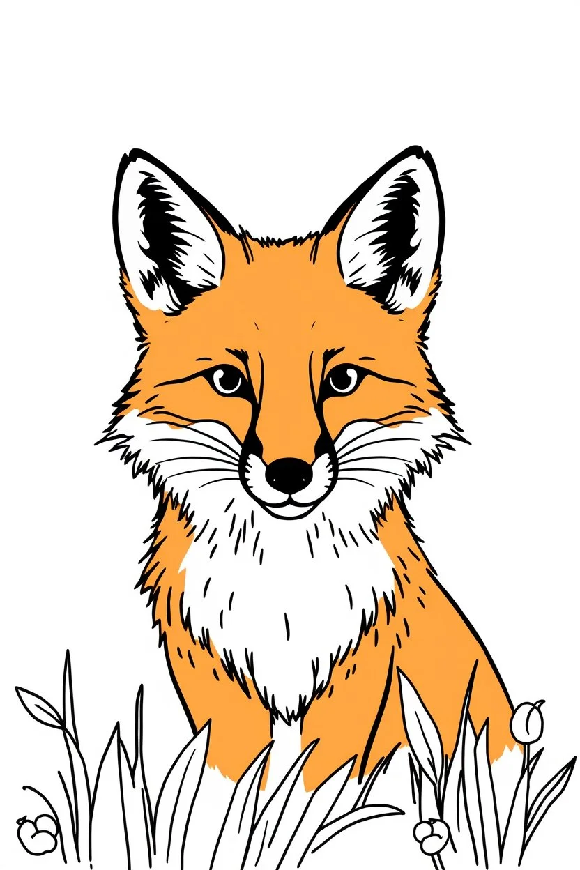Simple outline colouring book page, portrait of a fox