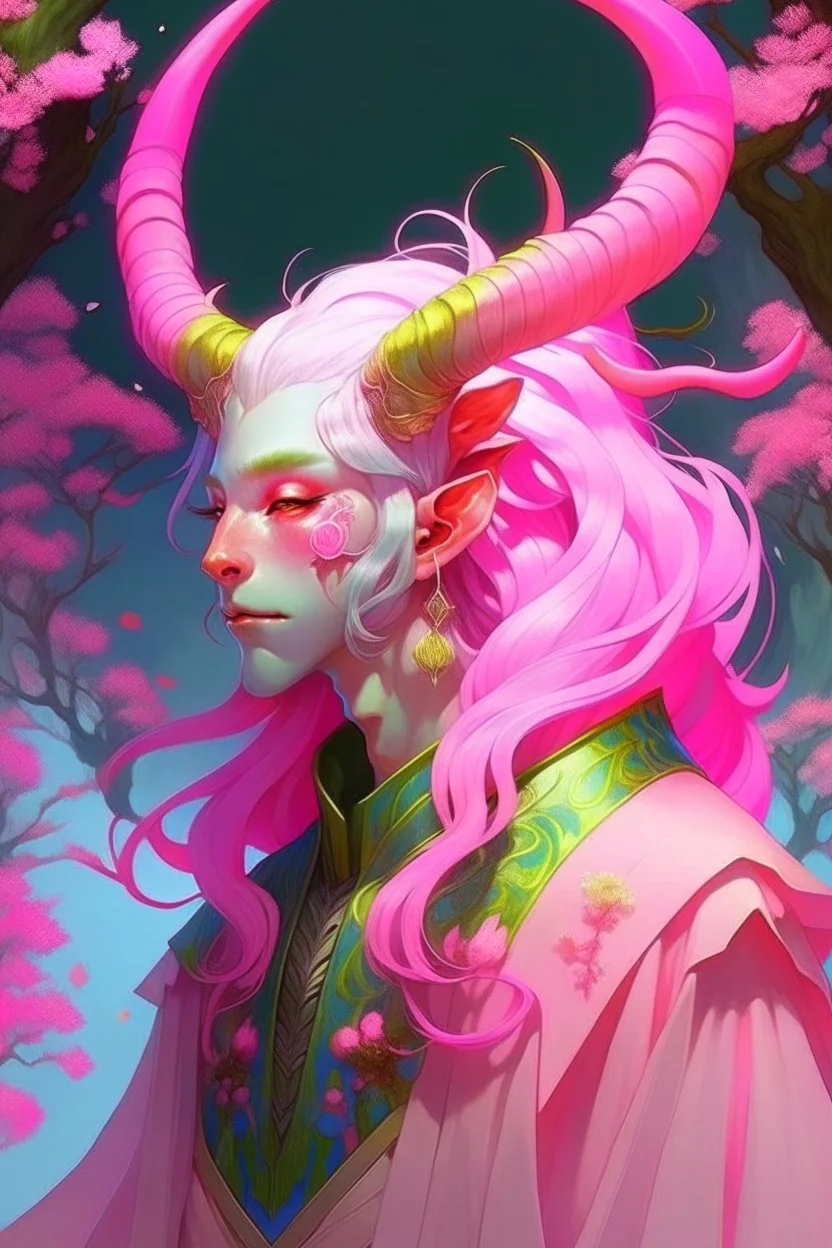 Pink hair spring cherry blossom Eladrin Male antlers druid beard