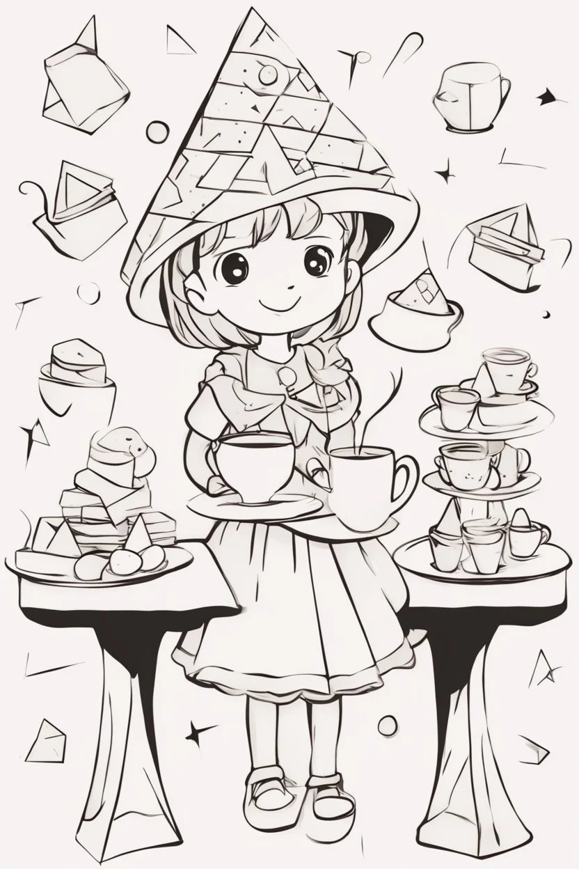 A little girl with a triangular party hat, enjoying a tea party with geometrically shaped cookies and cups. Use triangles for the hat, cookies, and other party decorations. very happy , Colloring page for todlliers ; basic hawali style cartoon , black and white , ink outlines , , smooth , anime style , minimalist , cute eyes , full body , white shose , sketchbook , realistic sketch , free lines , on paper , character sheet , clean line art high detailed