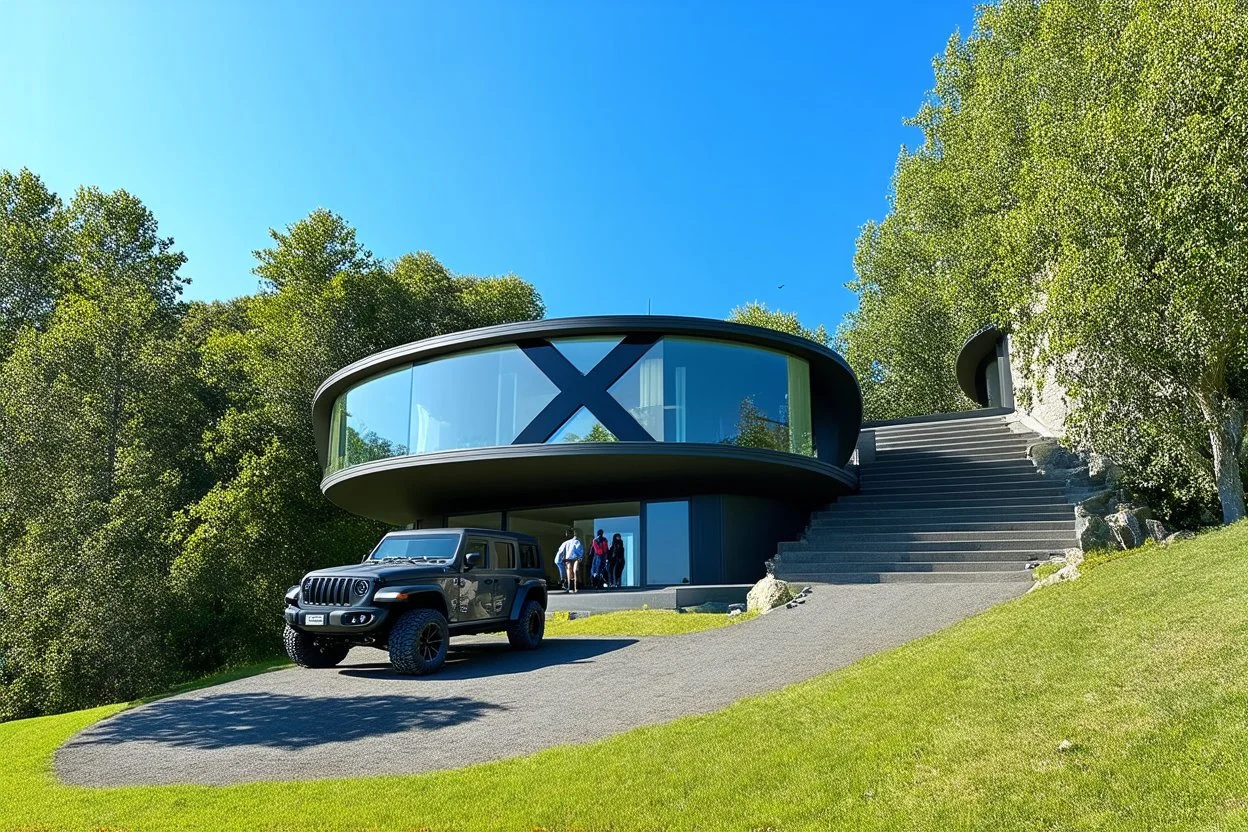 Photo of a futuristic cabin with a shape inspired by the infinity symbol in plan and the x cross in elevation. Glass facades are interspersed between the curved walls, which are steps to go up to the roof to a terrace. There is a driveway leading to the house on the side of the hill, with a luxury jeep parked. It has a biomimetic design. There are hikers in the distance and the silhouette of a bird in the sky. By drone. Clear blue sky and summer weather. Green trees