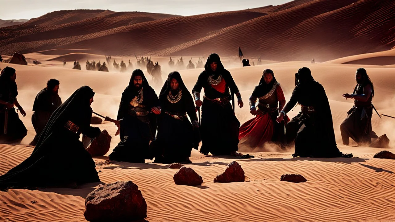 a woman in blood warring black in the desert surrounded by men and women through stones on her.