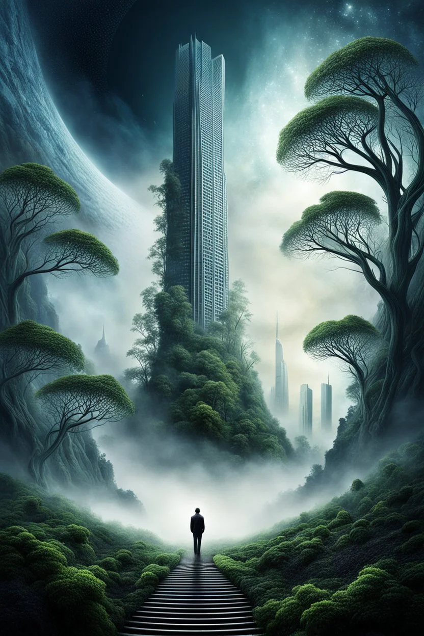 abstract landscape, skyscrapers and spiralling trees to space, mist, lonely figure looking up, pale surreal lighting, utopistic scenery, dark fantasy theme, surreal style, detailed, high quality, frog eye view