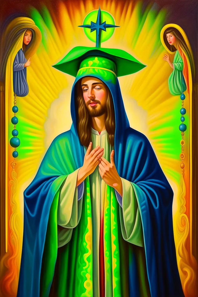 Jesus puts on his robe and Wizard Hat, pop surrealism