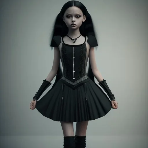 Jenna ortega black dress,soft goth libstick, wednesday addams family make up, long hair, brad double wig, addams family style, highly detailed, volumetric lighting, unreal engine, 8k