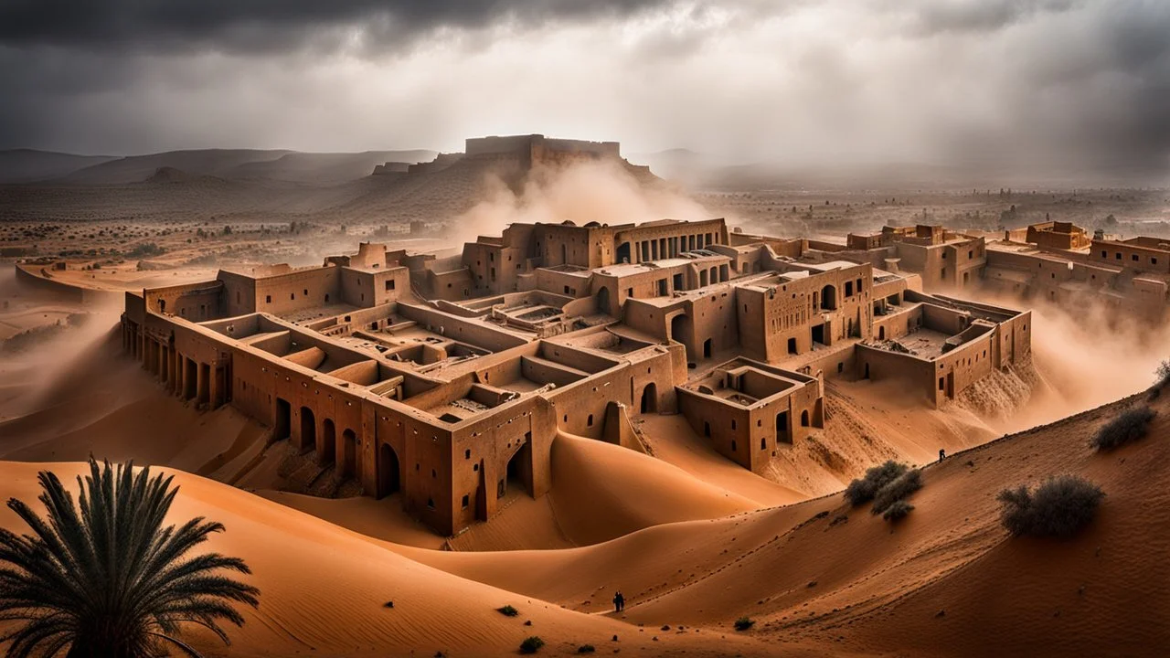 Massive brutalist architecture emerging from a desert landscape, fused with the ancient ksar structures of Ksar Ouled Soltane, partially hidden in dense fog. Monumental concrete forms mixed with traditional North African clay granaries, cinematic composition, ultra detailed, photorealistic, atmospheric lighting, dark surreal mood, mysterious scale, soft sandstorm haze, moody shadows, dystopian yet ancient feeling, high contrast, realistic textures, epic wide-angle shot, fog