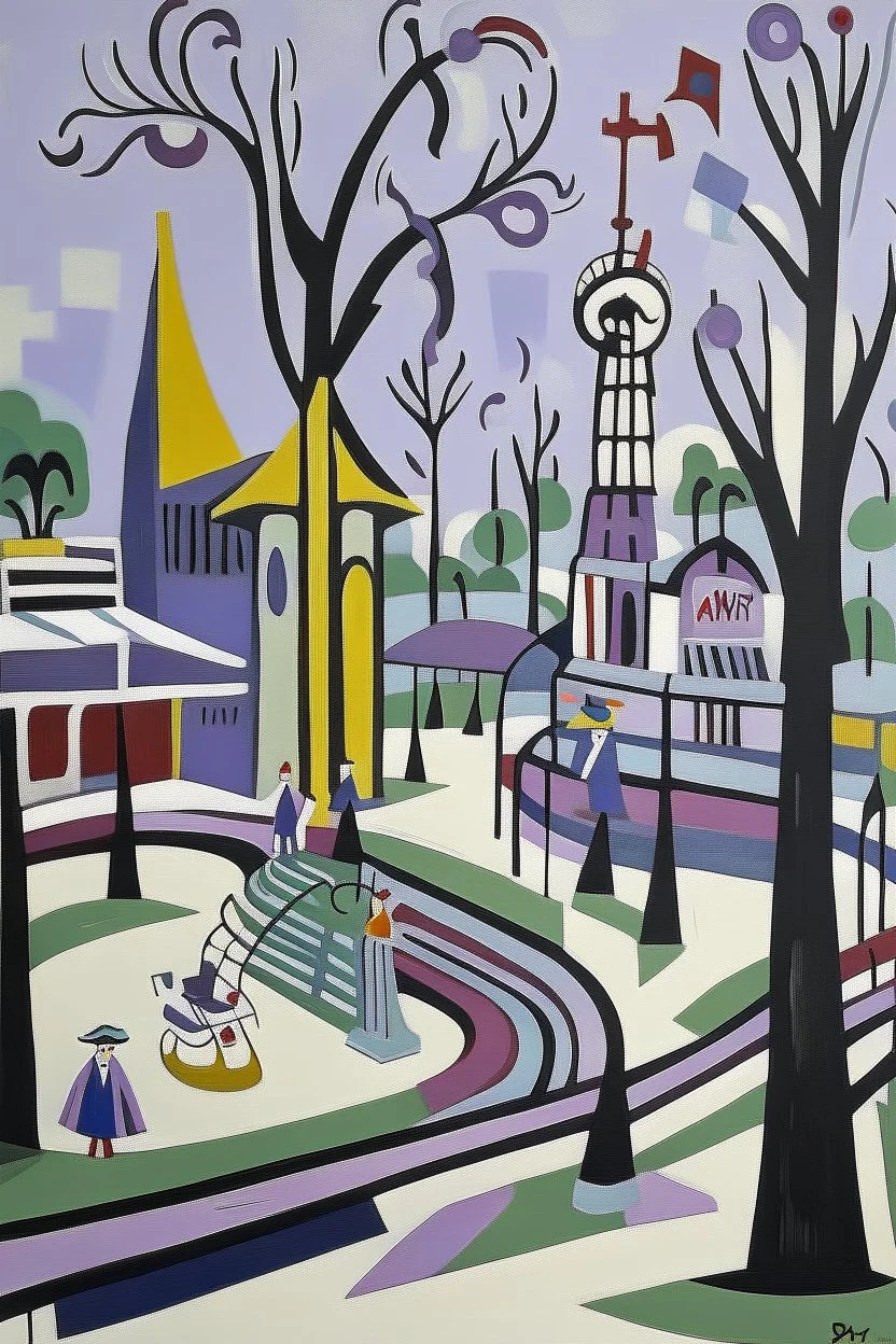 A grayish light purple haunted amusement park painted by Stuart Davis