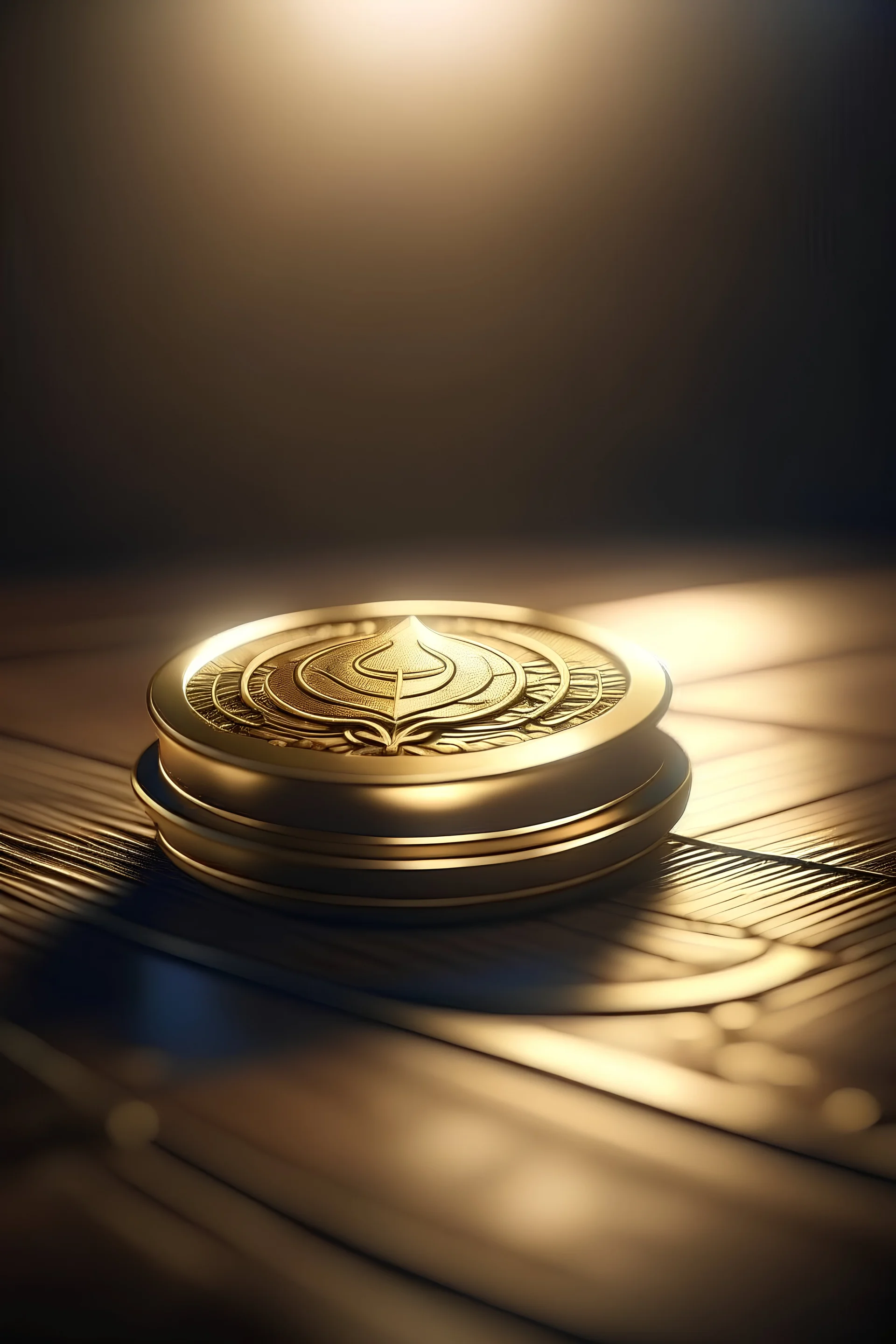 a single thin gold coin laying down on a table with a simple crown symbol on the front of the coin, fantasy concept art, dynamic lighting, Unreal Engine