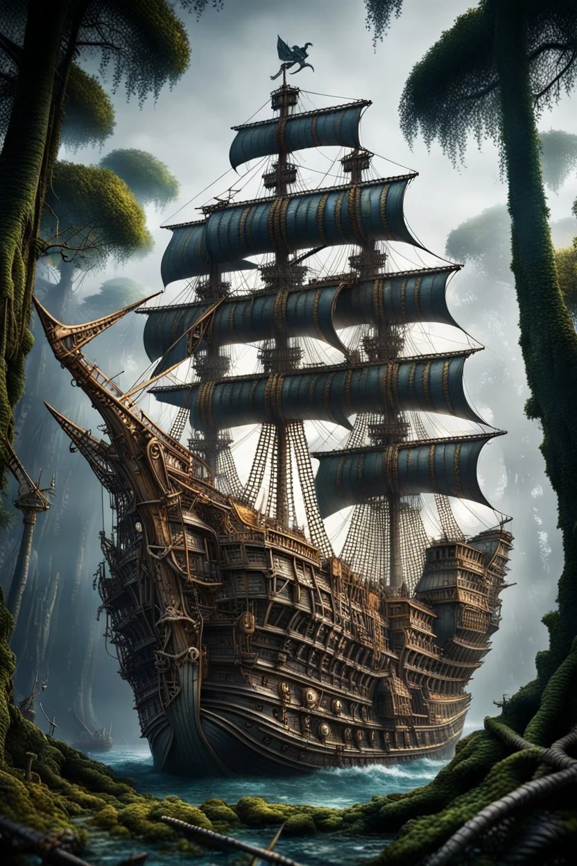 A huge pirates ship in a full body, full shot,forest,Sony Alpha 7 50mm 1.8,medium shot, high-resolution image with fine details, citrine, ultra detailed,ultra realistic,extremely realistic,intricate,photorealistic,epic composition,masterpiece,H.R.Giger style