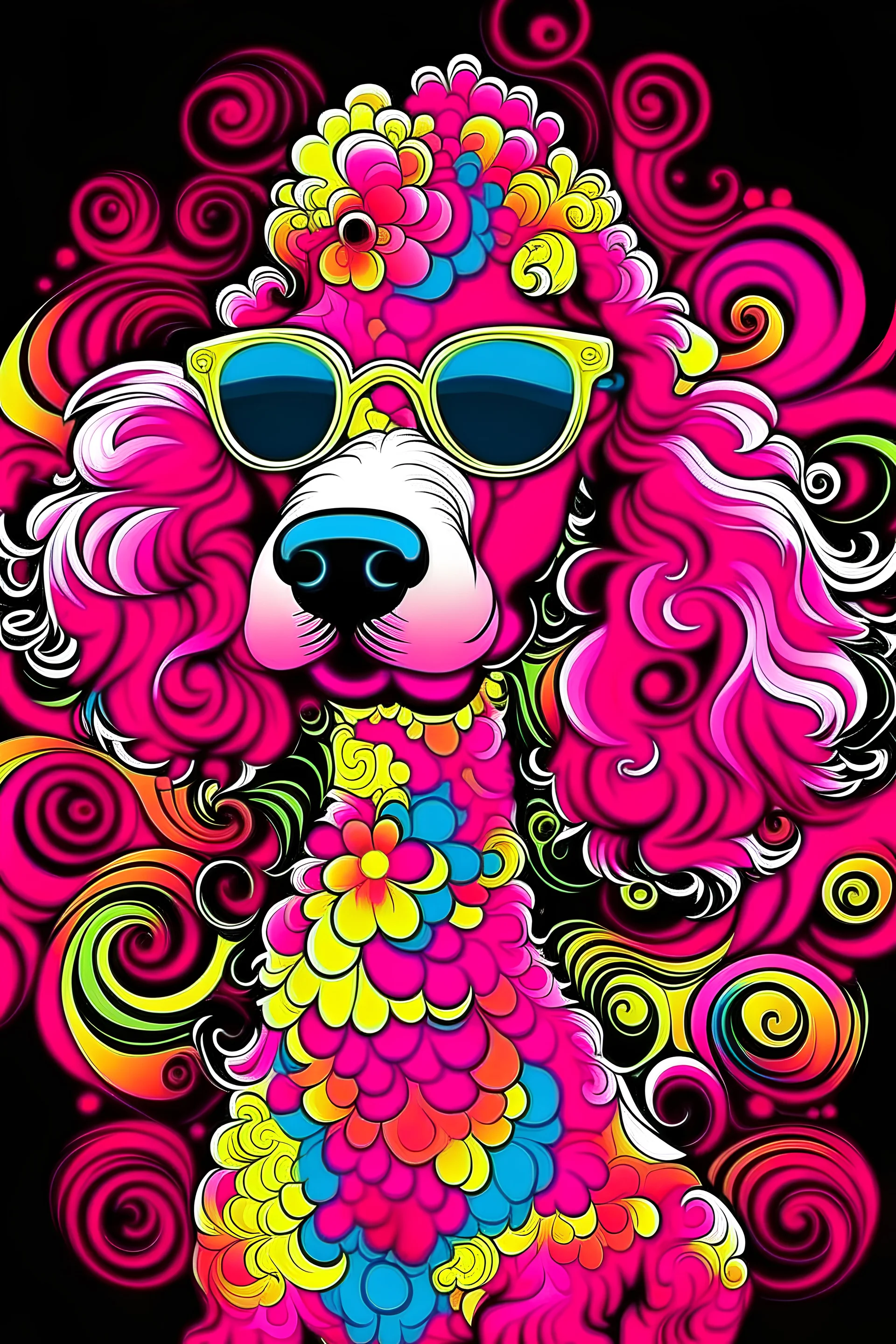 pink poodle in percy jackson style , fun colorfull, psychedelic