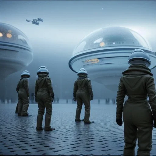 Ultra Realistic retro sci-fi scene, portrait, 2 blonde woman clones, sweet young Marilyn Monroe face, perfect iris, tight latex coat, helmet, Strange planet background. Spaceship, fog, rain, soft color, highly detailed, unreal engine 5, ray tracing, RTX, lumen lighting, ultra detail, volumetric lighting, 3d, finely drawn, high definition, high resolution.