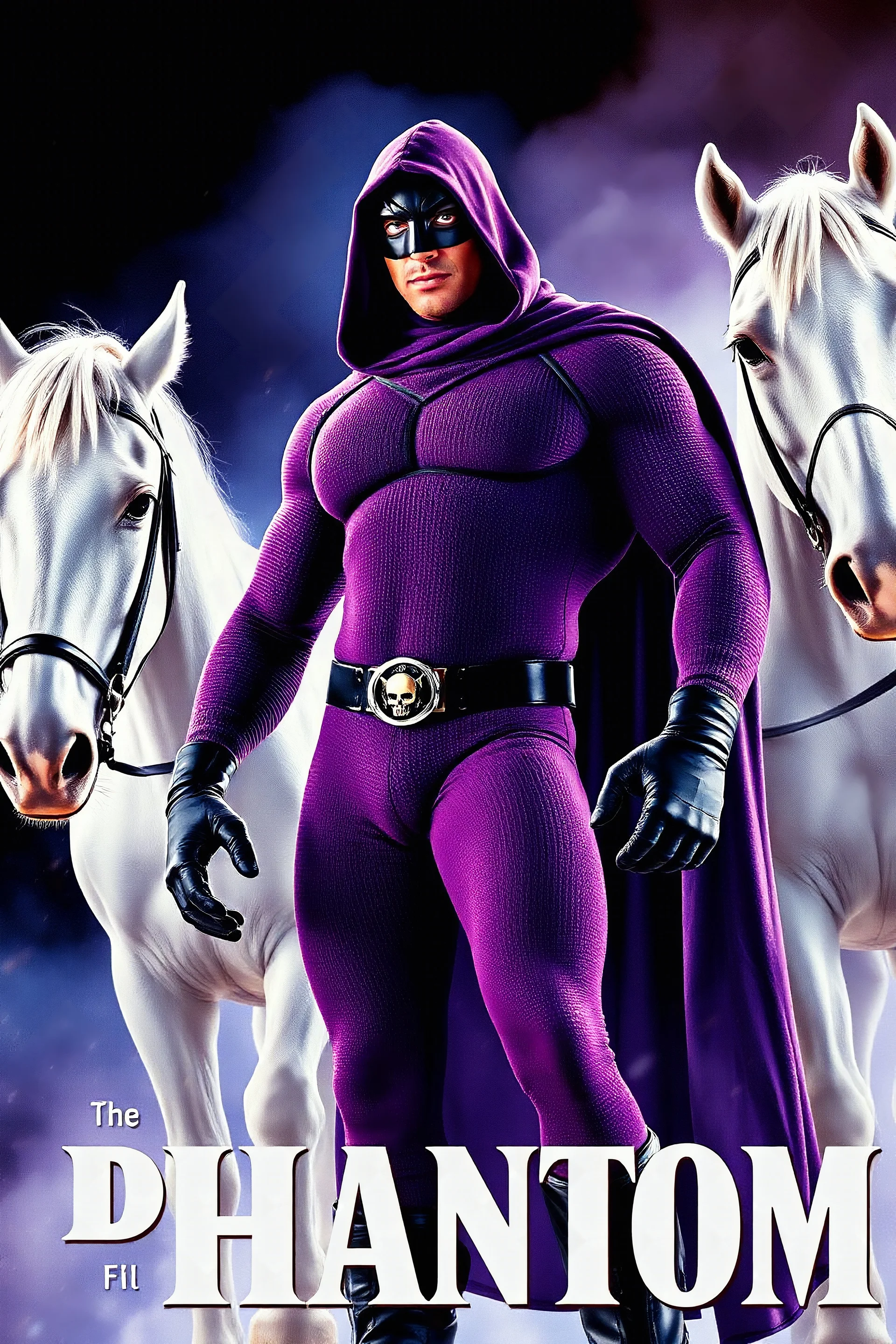 Movie Poster - ((("THE PHANTOM"))), extremely thick, muscular, 6'6'' 18-year-old Billy Zane with extremely exaggerated muscles as the Phantom, long-sleeved, textured, padded purple cotton bodysuit with skintight, formfitting textured purple cotton cowl with ((black eye mask)) and widow peak, black gloves and wrist gauntlets, black boots, double holstered utility belt, skull-shaped belt buckle, glowing, white eyes, standing next to his white horses, captured in a breath-taking explosion of color,