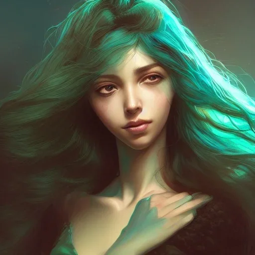 alien girl, cute, beautiful, long hair, curly hair, black hair, slim body, brown eyes, big eyes, green skin, turquoise dress, head and shoulders portrait, fantasy, 8k resolution concept art portrait by Greg Rutkowski, Artgerm, WLOP, Alphonse Mucha dynamic lighting hyperdetailed intricately detailed