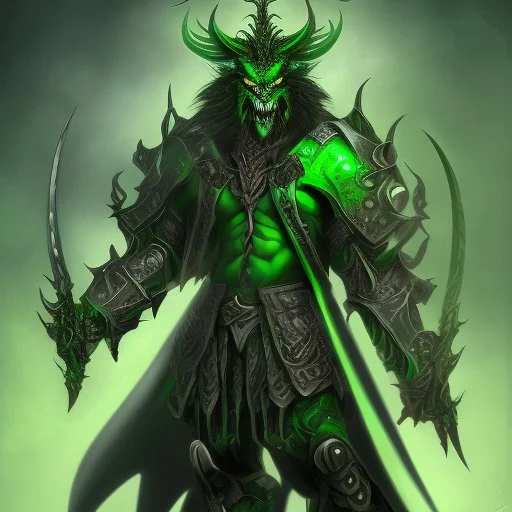 demonio de armadura verde y negro con alas negras, con sangre en sus manos