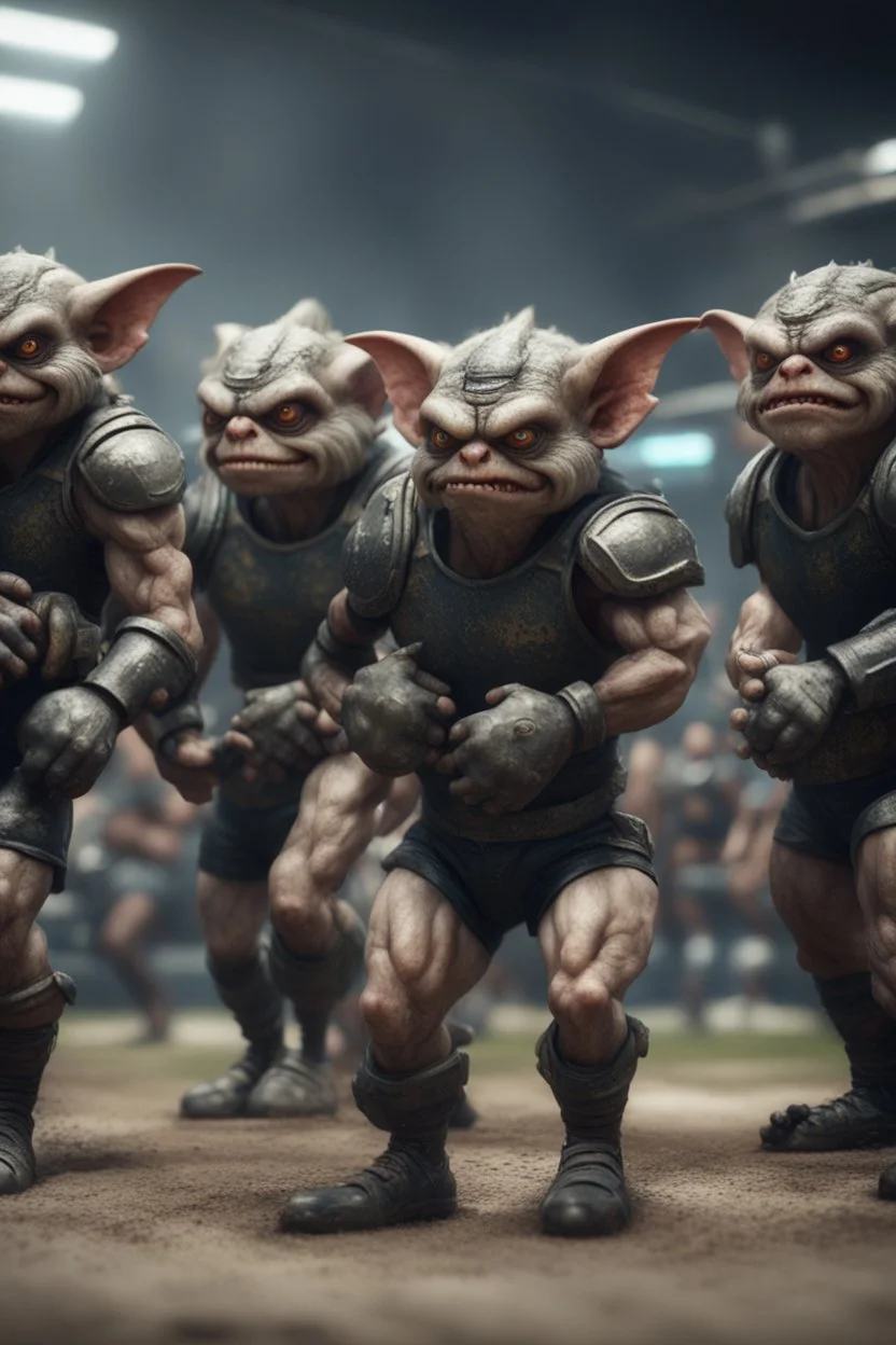 hyper violent gremlin rugby team in the Olympics in the style of Giger and fallout 4 ,,bokeh like f/0.8, tilt-shift lens 8k, high detail, smooth render, down-light, unreal engine