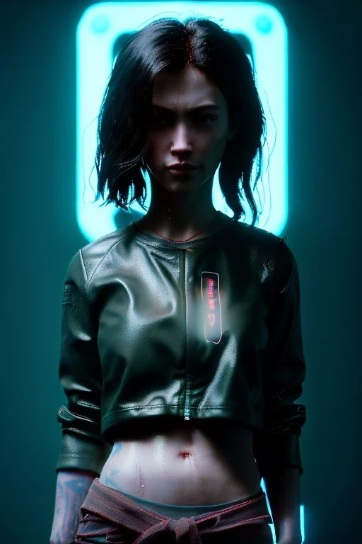 Ultra Realistic image, 25 years old brunette woman, portrait, small stature, small chest, yakuza body tattoo, rain, fog, hot, dark, leds, neon, cyberpunk, vibrant color, highly detailed, art stations, concept art, smooth, unreal engine 5, god rays, ray tracing, RTX, lumen lighting, ultra detail, volumetric lighting.